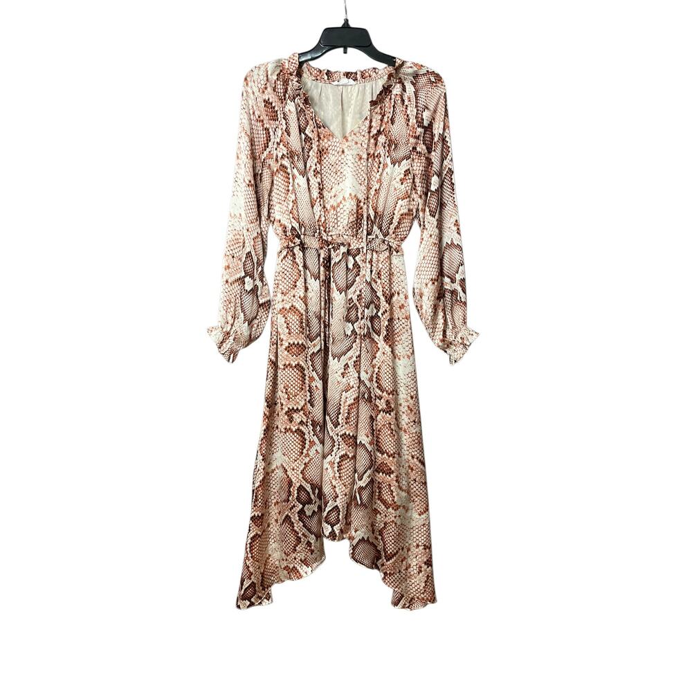 THML Snakeskin Asymmetrical Long Ballon Sleeve Maxi Dress Size XS Chic Stylish